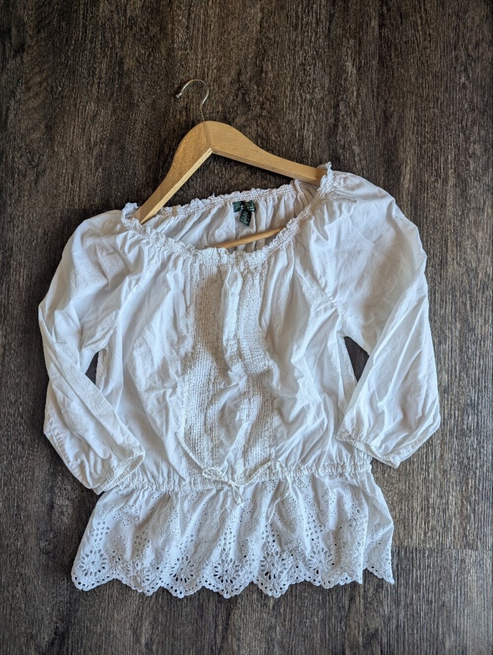 Lauren Ralph Lauren White Eyelet Peasant Blouse Size Small Boho Top